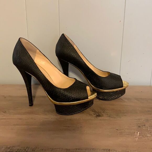 Enzo Angiolini Black & Gold Snakeskin Platform Heels Size 6.5 - Picture 1 of 4